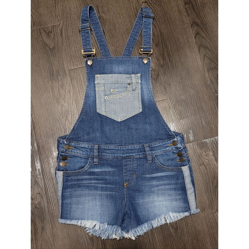 GUESS Denim Shortalls Two-Tone Colorblock Overalls Frayed Hem Medium 90s Y2K
